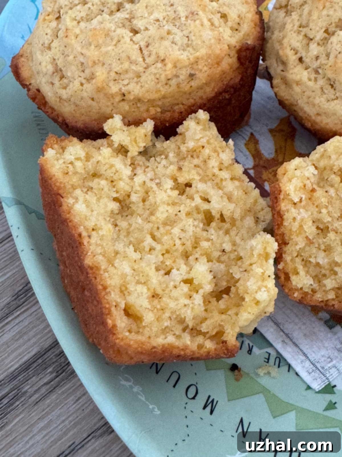 Chipotle Cornbread Delights 3 Close-up of a split chipotle corn muffin showing its crumbly texture.