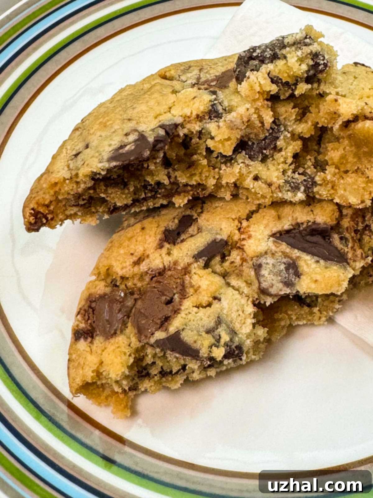 Texture shot of air fryer chocolate chip cookie, showing soft and chewy interior