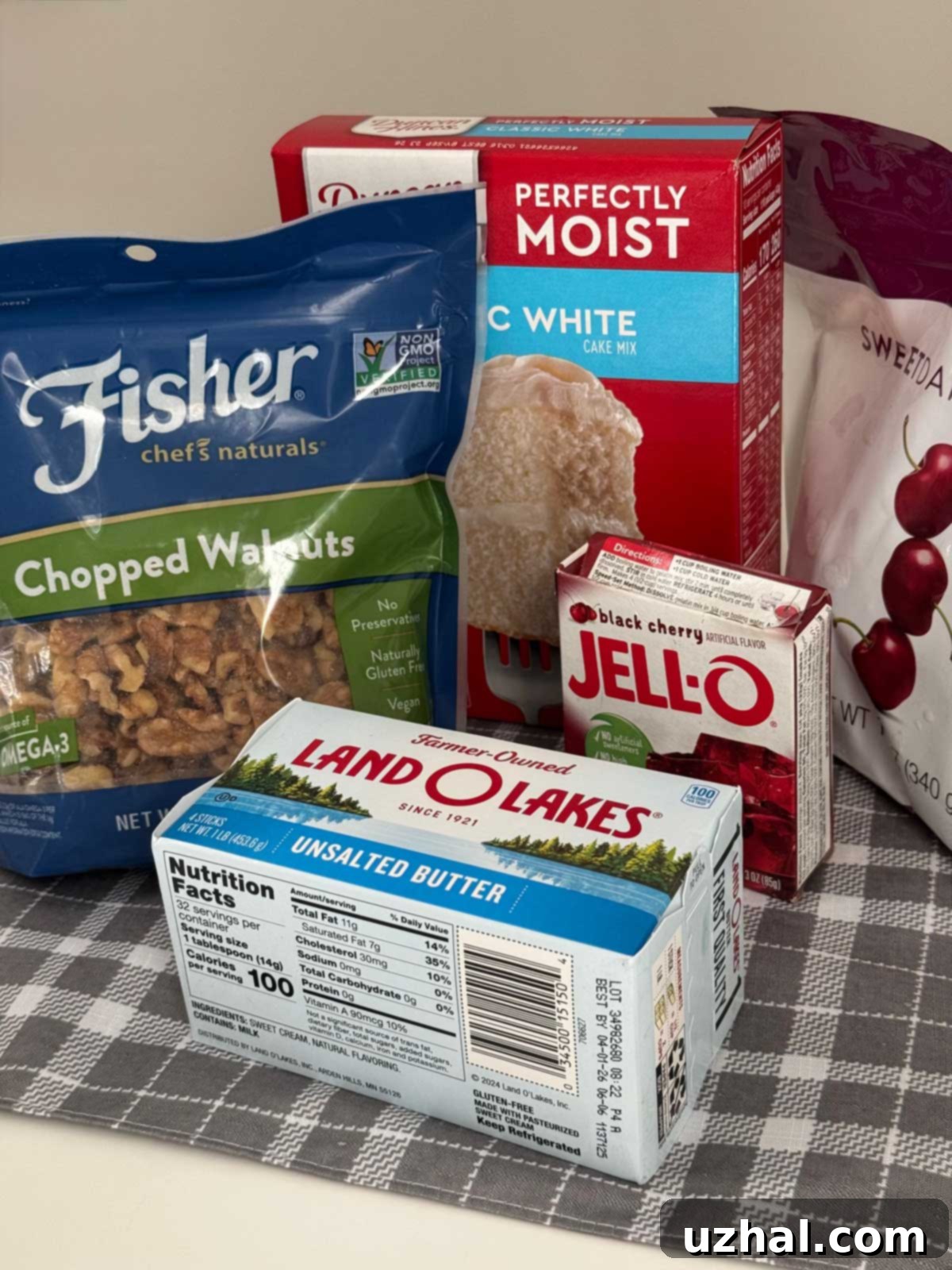 Ingredients to make Cha-Cha-Cha Cherry Cake, a cherry flavored dump cake with gelatin.