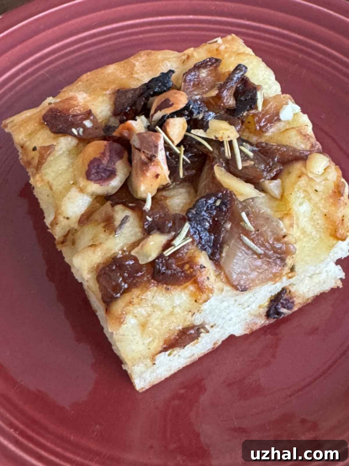 A square of hazelnut caramelized onion focaccia