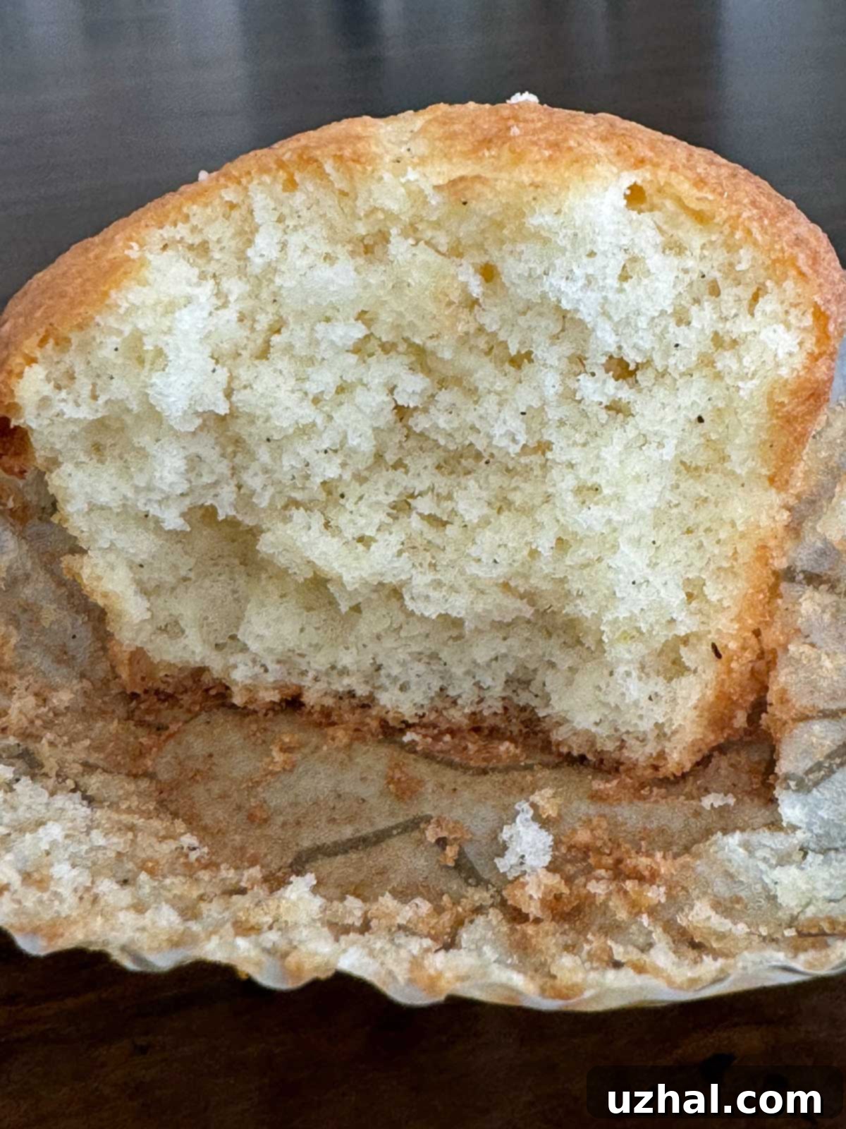Close up of a single Enhanced Cake Mix Cupcake with white paper liner
