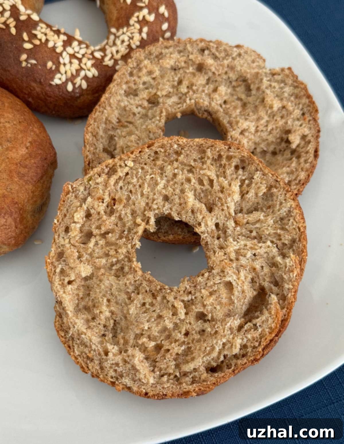 Bran Bagel made with All Bran cereal, split to show texture.